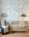 Blue Petal Cloud serene blue floral wallpaper in a warm and inviting living room