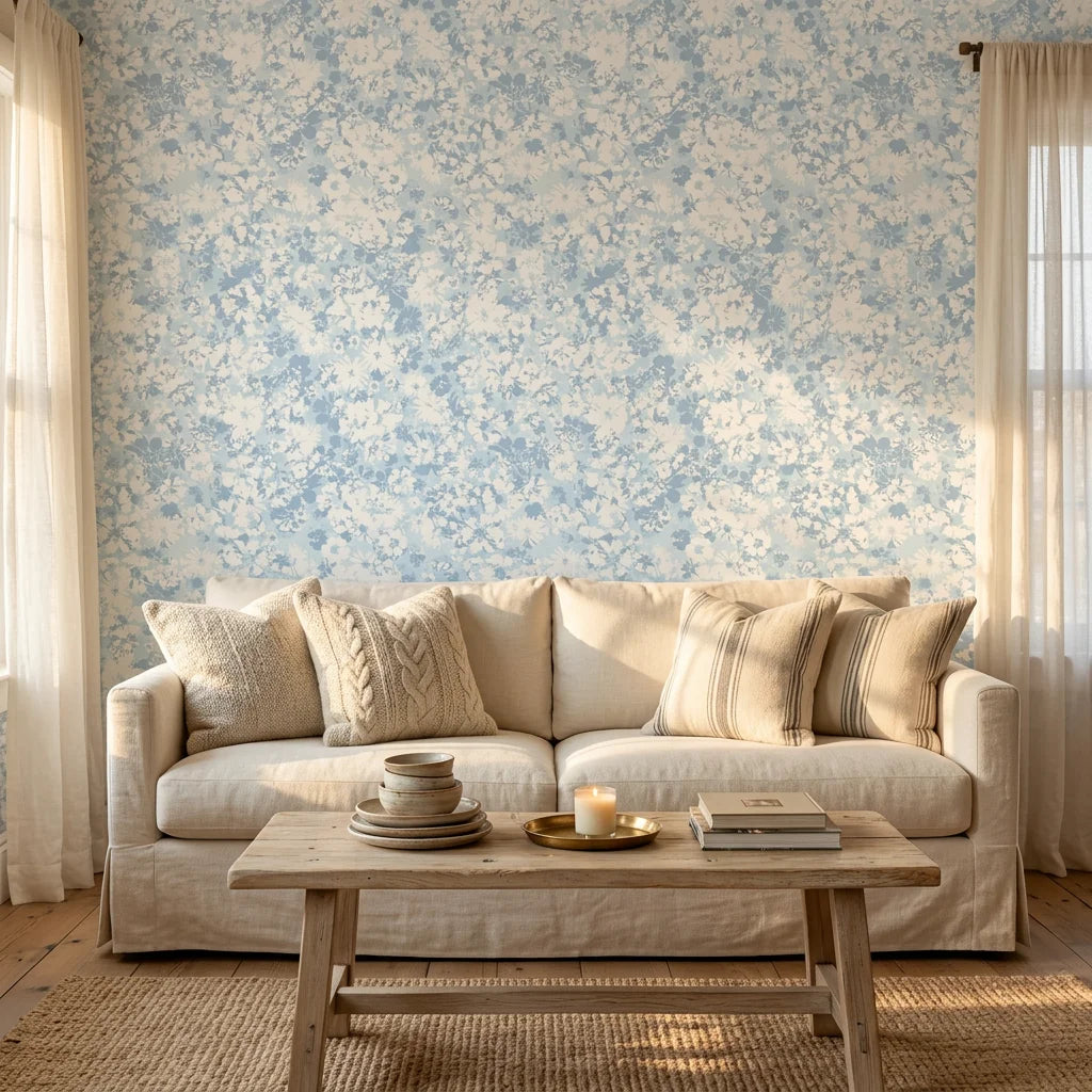 Blue Petal Cloud serene blue floral wallpaper adding character to a cozy bedroom