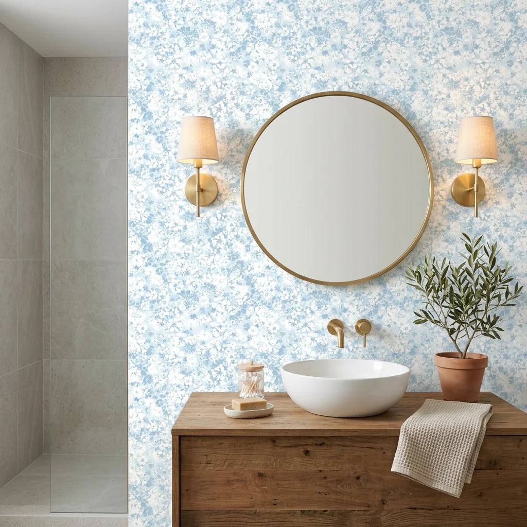 Blue Petal Cloud serene blue floral wallpaper as a feature wall in a bright home office