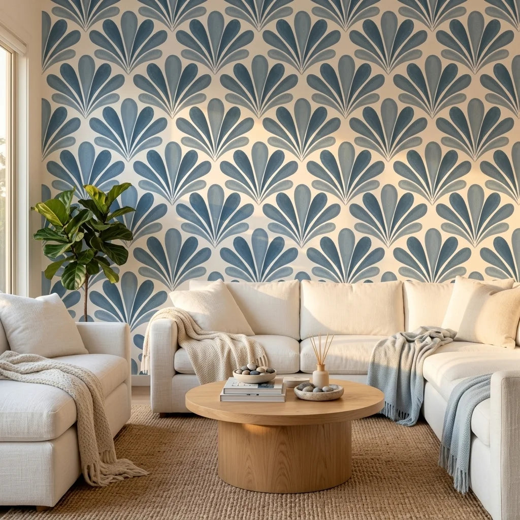 Blue Petal Rain elegant blue floral fan wallpaper creating ambiance in a serene bathroom