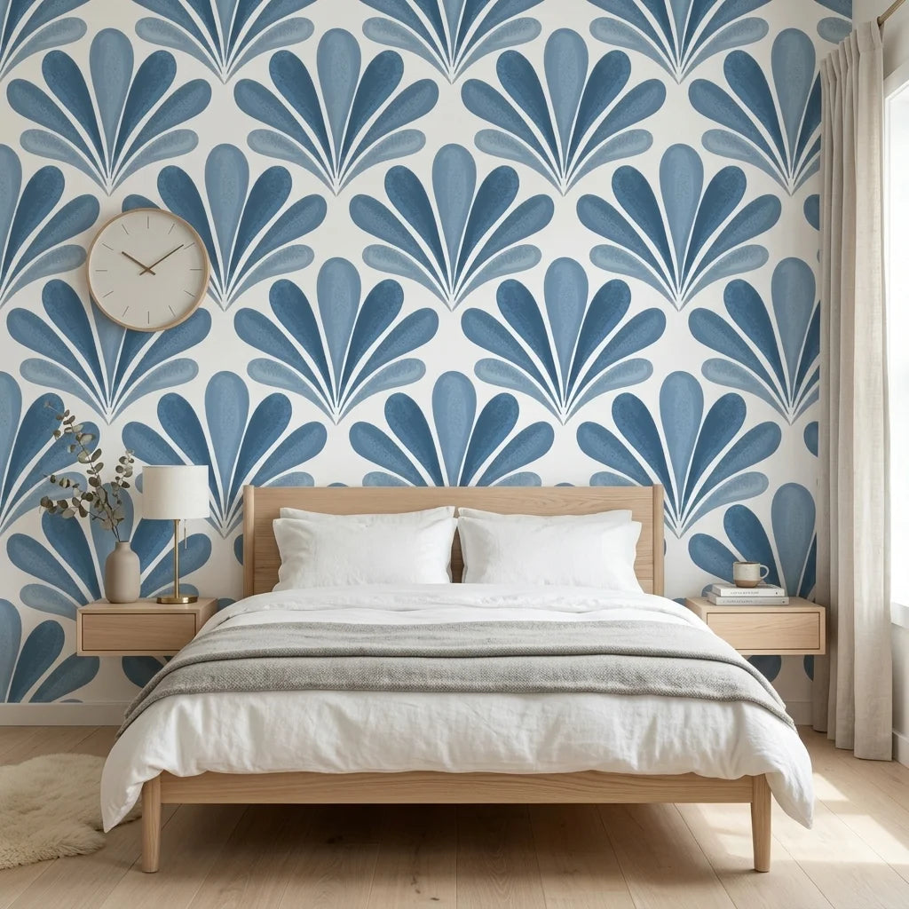 Blue Petal Rain elegant blue floral fan wallpaper in a warm and inviting living room