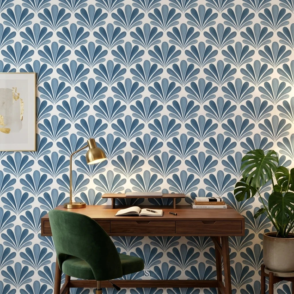 Blue Petal Rain elegant blue floral fan wallpaper adding character to a cozy bedroom