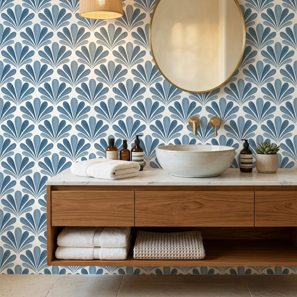 Blue Petal Rain elegant blue floral fan wallpaper as a feature wall in a bright home office