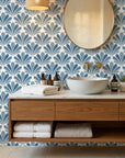 Blue Petal Rain elegant blue floral fan wallpaper as a feature wall in a bright home office