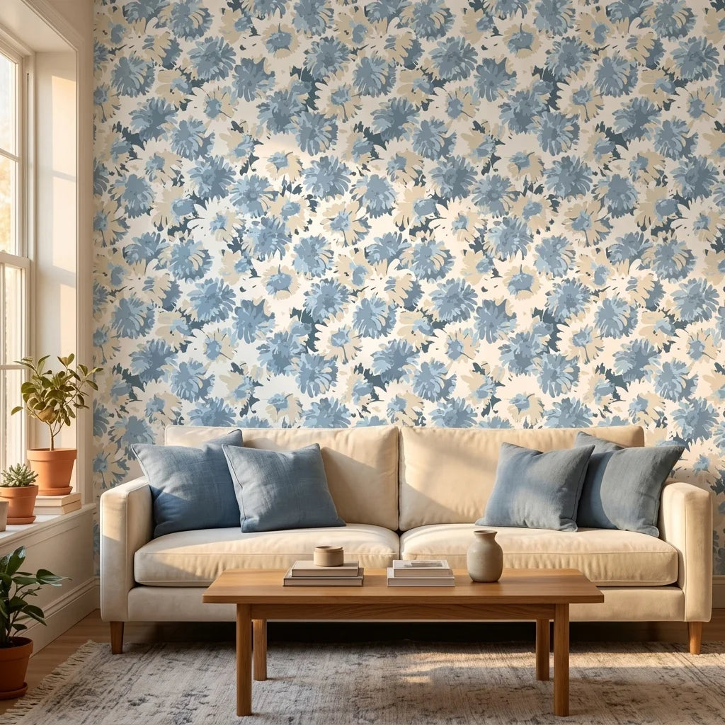 Blue Reverie serene floral peel and stick wallpaper in a warm and inviting living room