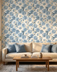 Blue Reverie serene floral peel and stick wallpaper in a warm and inviting living room