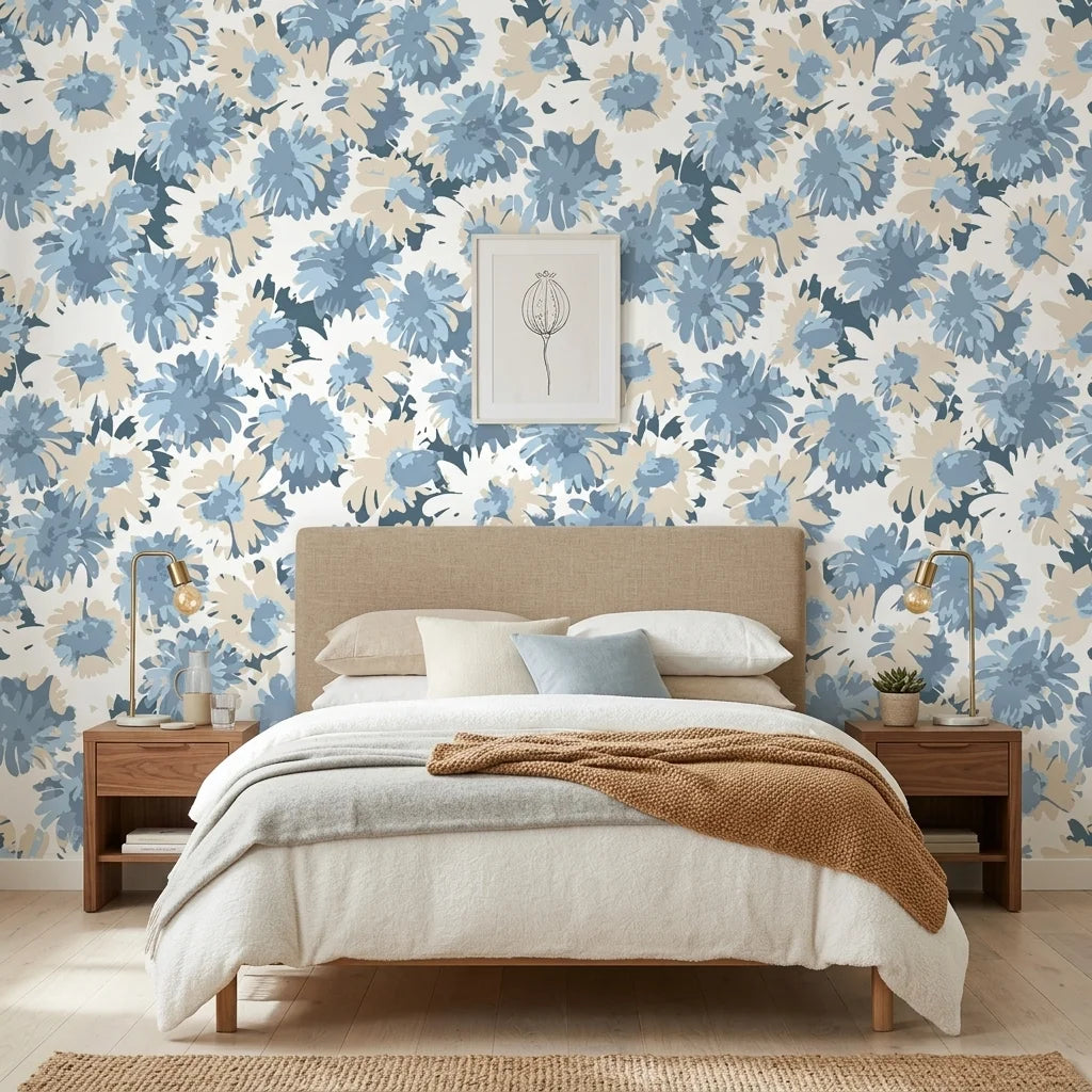 Blue Reverie serene floral peel and stick wallpaper adding character to a cozy bedroom