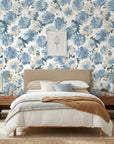 Blue Reverie serene floral peel and stick wallpaper adding character to a cozy bedroom
