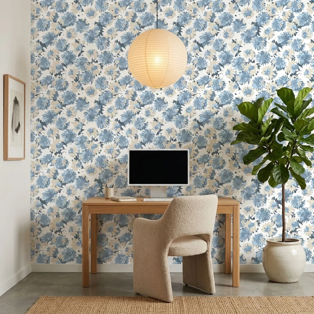 Blue Reverie serene floral peel and stick wallpaper as a feature wall in a bright home office
