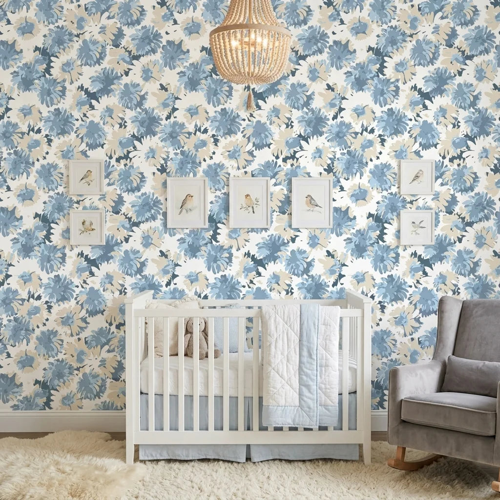 Blue Reverie serene floral peel and stick wallpaper creating ambiance in a serene bathroom