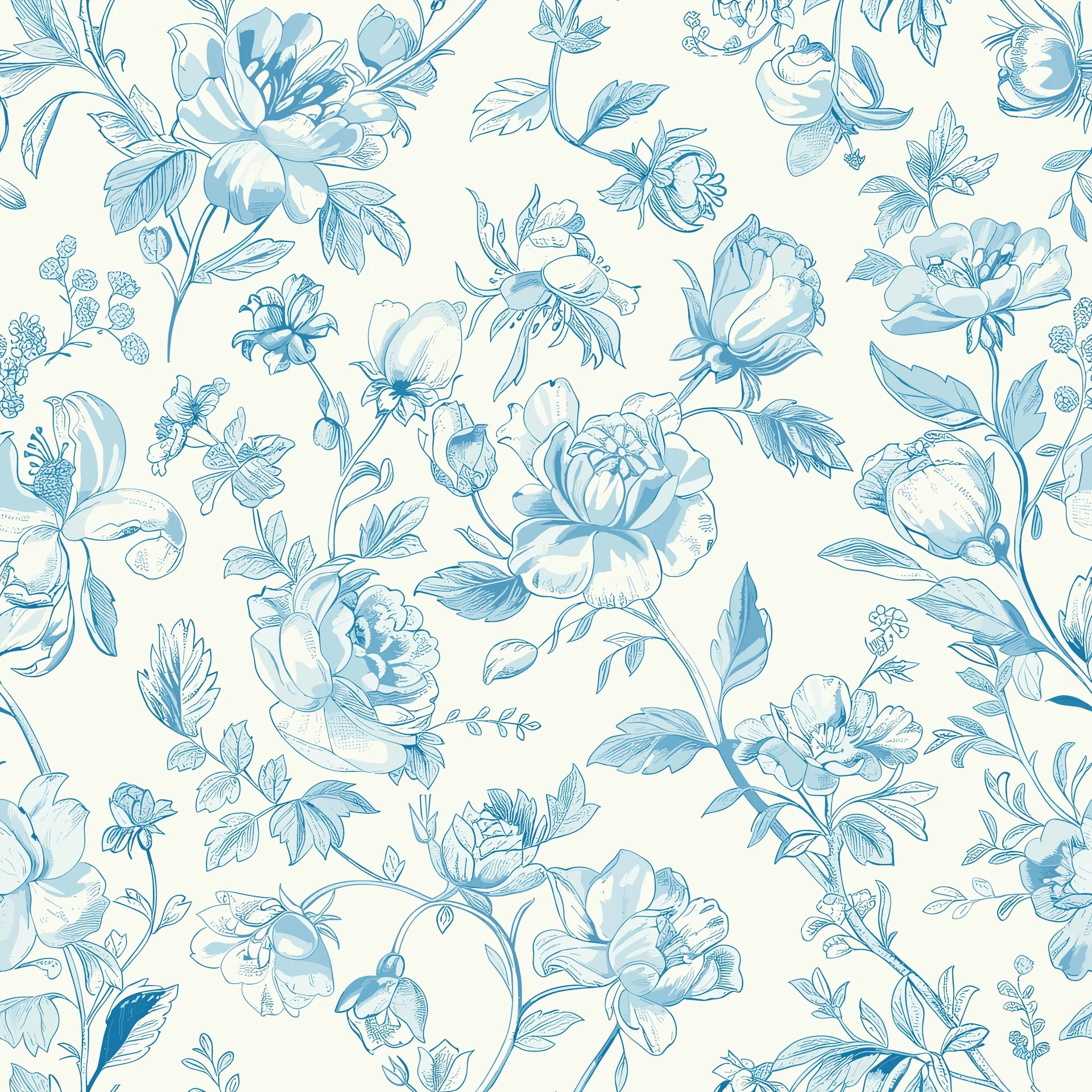 Smooth blue line drawn florals peel and stick wallpaper - Blue Salon