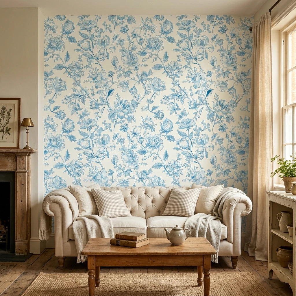 Blue Salon elegant blue peony floral wallpaper in a warm and inviting living room