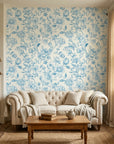 Blue Salon elegant blue peony floral wallpaper in a warm and inviting living room