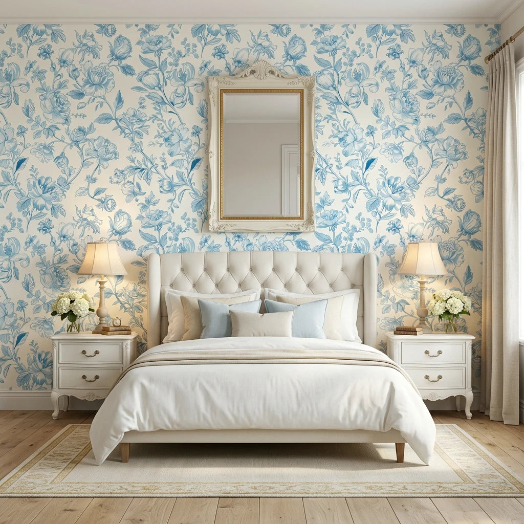 Blue Salon elegant blue peony floral wallpaper adding character to a cozy bedroom