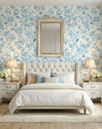 Blue Salon elegant blue peony floral wallpaper adding character to a cozy bedroom