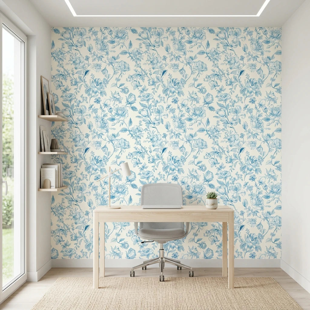 Blue Salon elegant blue peony floral wallpaper as a feature wall in a bright home office
