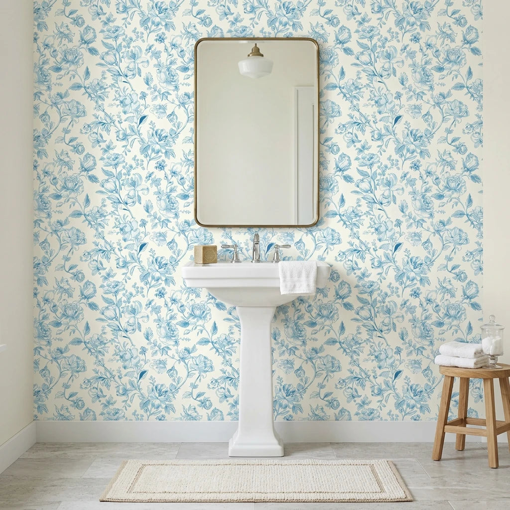 Blue Salon elegant blue peony floral wallpaper creating ambiance in a serene bathroom