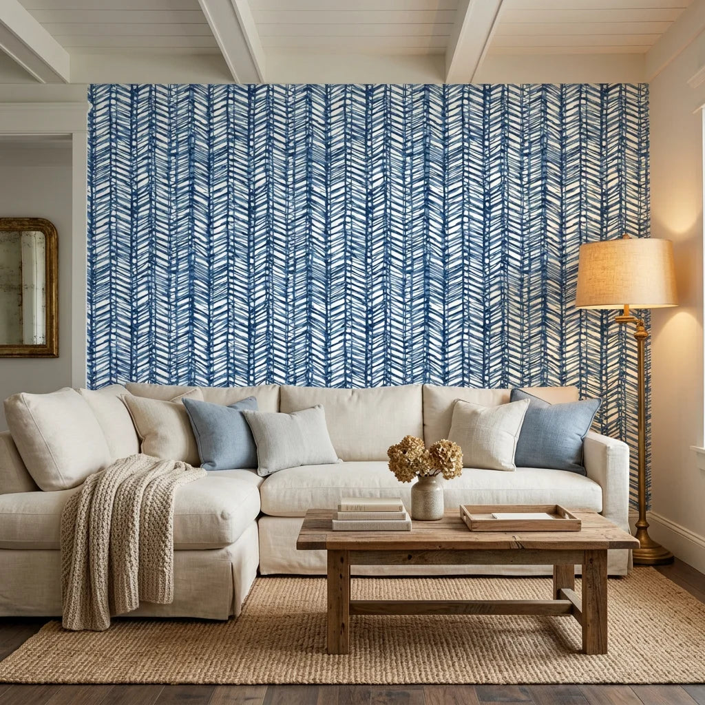 Blue Stitching navy and white chevron herringbone wallpaper in a warm and inviting living room