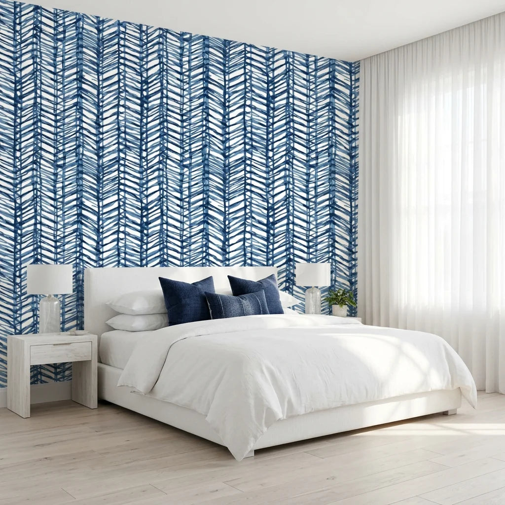 Blue Stitching navy and white chevron herringbone wallpaper adding character to a cozy bedroom