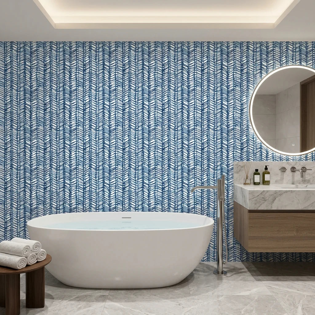 Blue Stitching navy and white chevron herringbone wallpaper creating ambiance in a serene bathroom