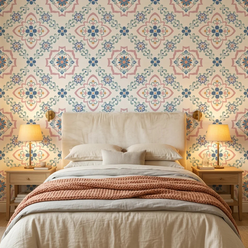 Smooth white pink and blue floral peel and stick wallpaper - Blue Talavera