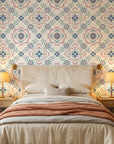 Smooth white pink and blue floral peel and stick wallpaper - Blue Talavera