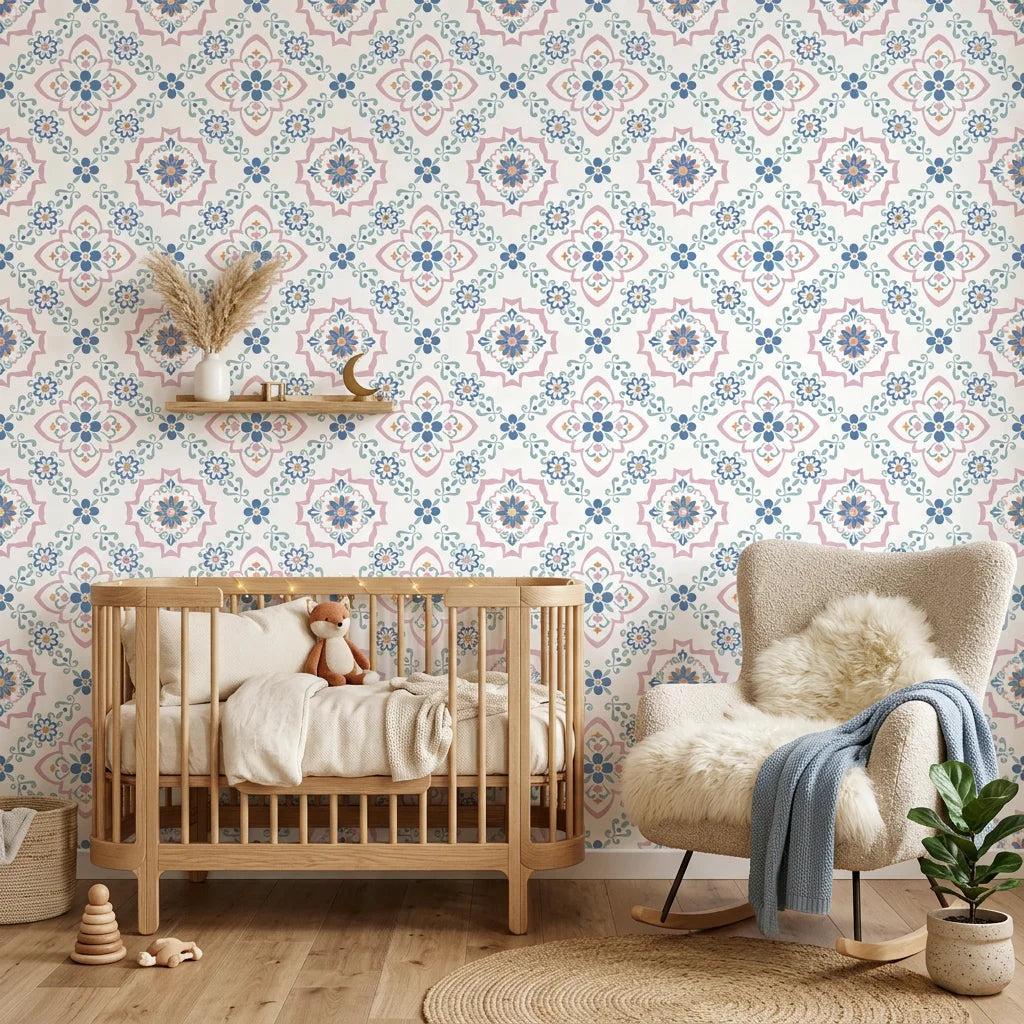 Blue Talavera pink and blue floral peel and stick wallpaper in a warm and inviting living room