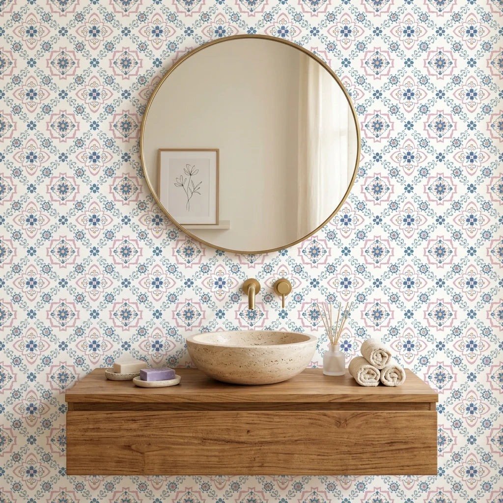 Blue Talavera pink and blue floral peel and stick wallpaper adding character to a cozy bedroom