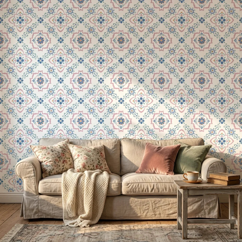 Blue Talavera pink and blue floral peel and stick wallpaper as a feature wall in a bright home office