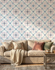 Blue Talavera pink and blue floral peel and stick wallpaper as a feature wall in a bright home office