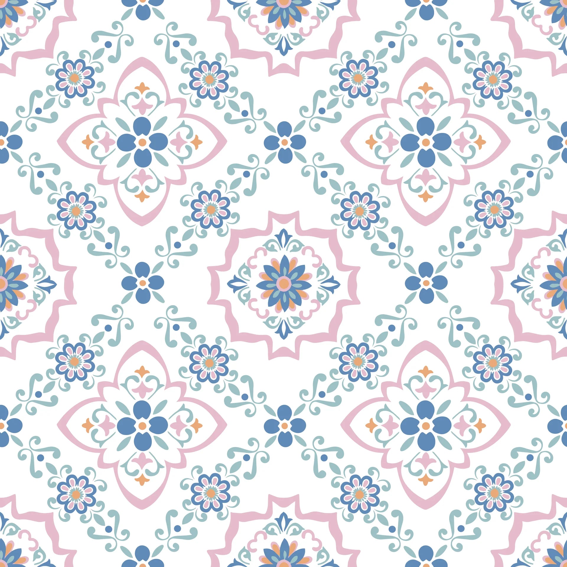 Blue Talavera pink and blue floral peel and stick wallpaper creating ambiance in a serene bathroom