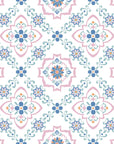 Blue Talavera pink and blue floral peel and stick wallpaper creating ambiance in a serene bathroom