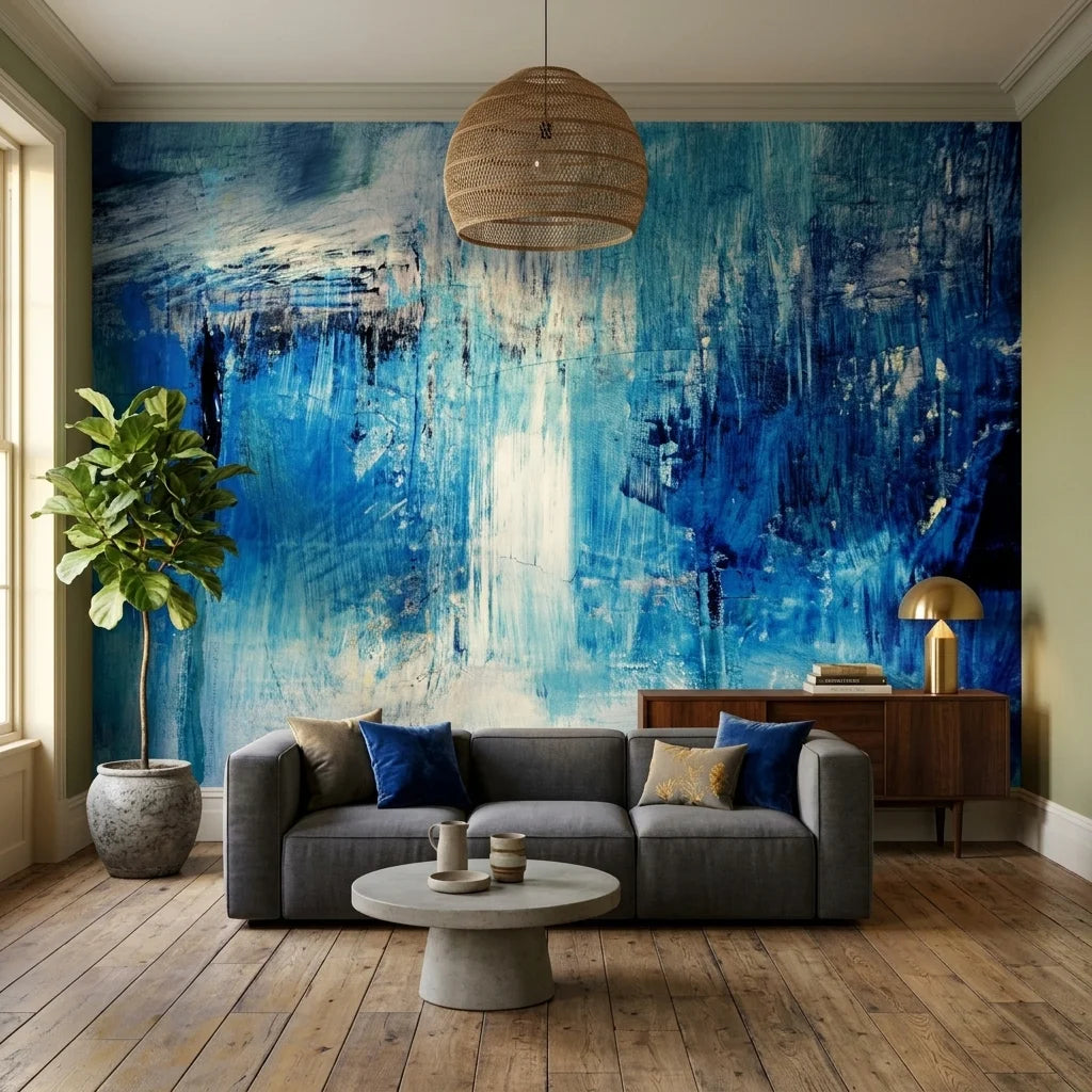 Canvas-like deep blue abstract brushstroke peel and stick wallpaper - Blue Torrent