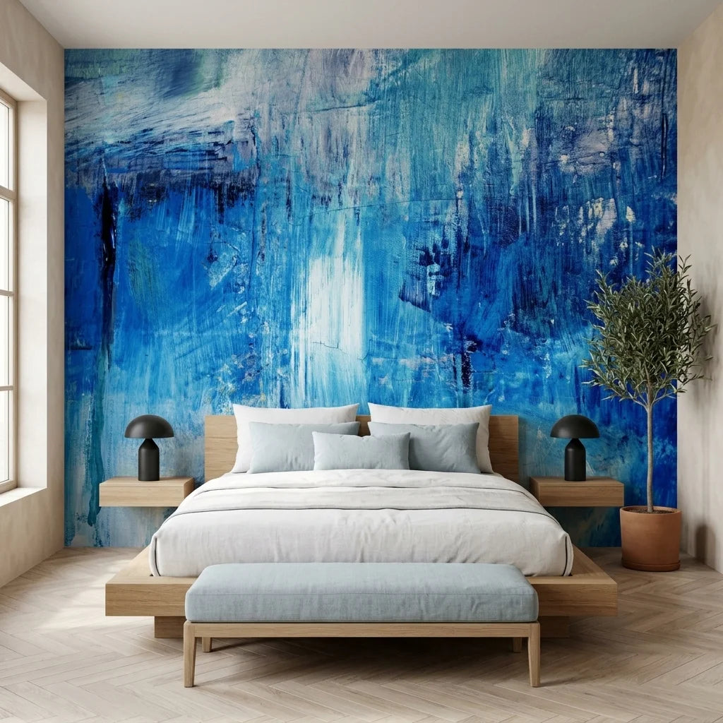 Blue Torrent dramatic deep blue abstract wallpaper in a warm and inviting living room