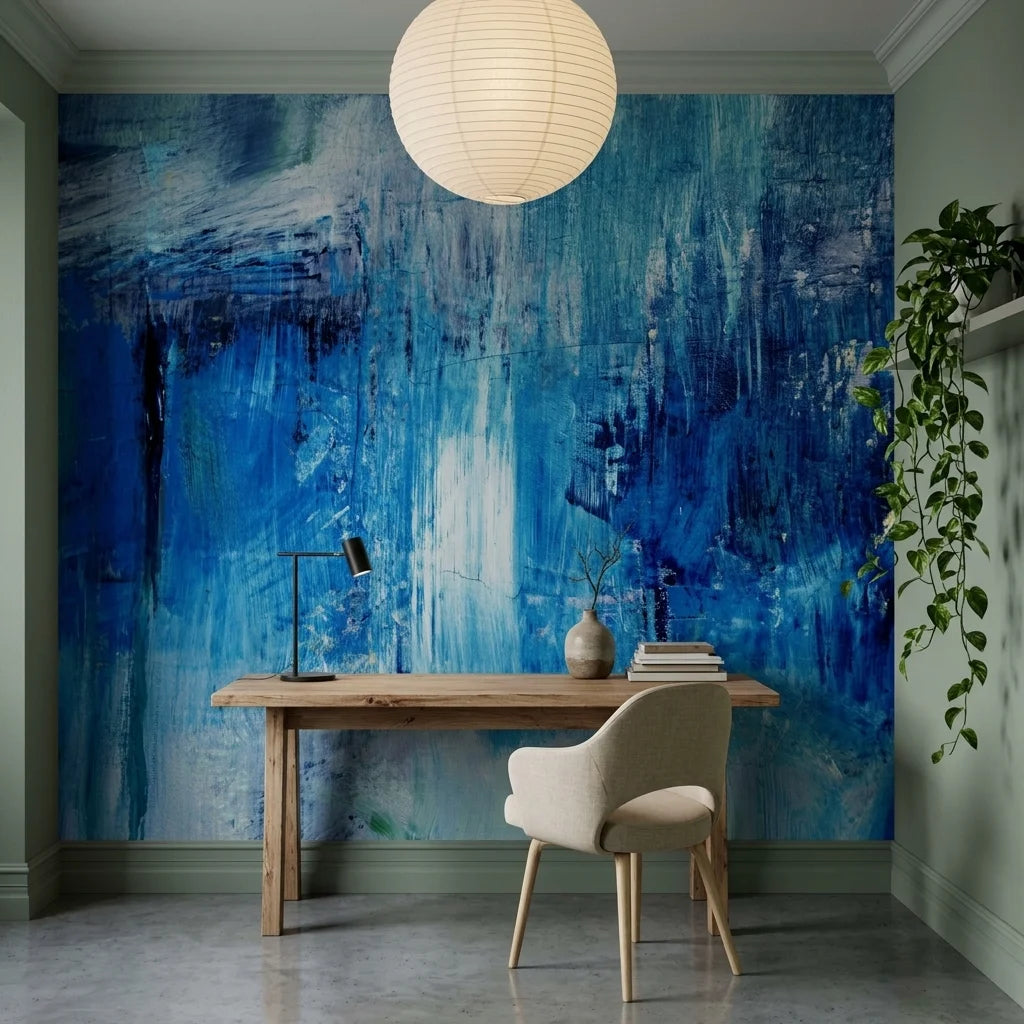 Blue Torrent dramatic deep blue abstract wallpaper adding character to a cozy bedroom