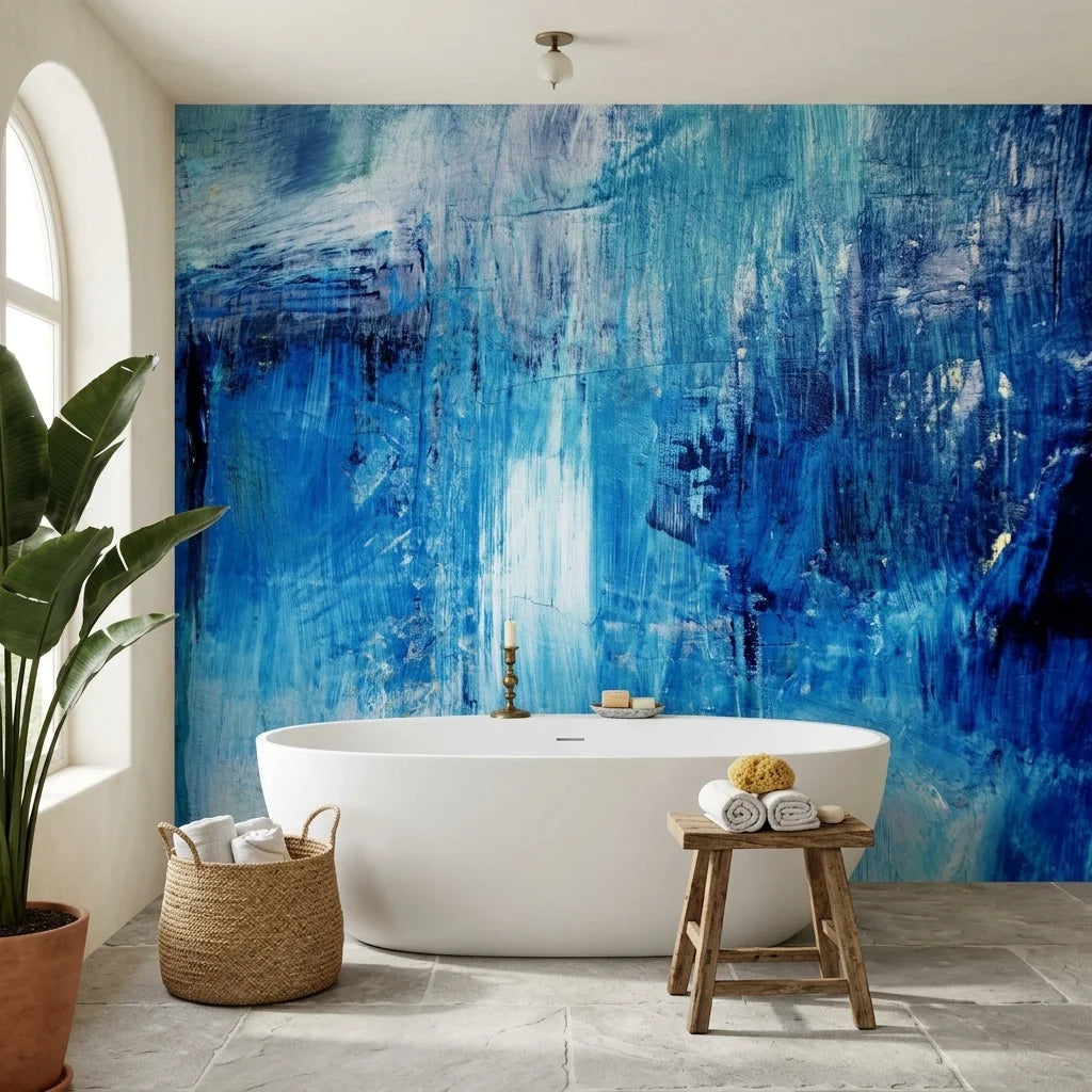Blue Torrent dramatic deep blue abstract wallpaper as a feature wall in a bright home office