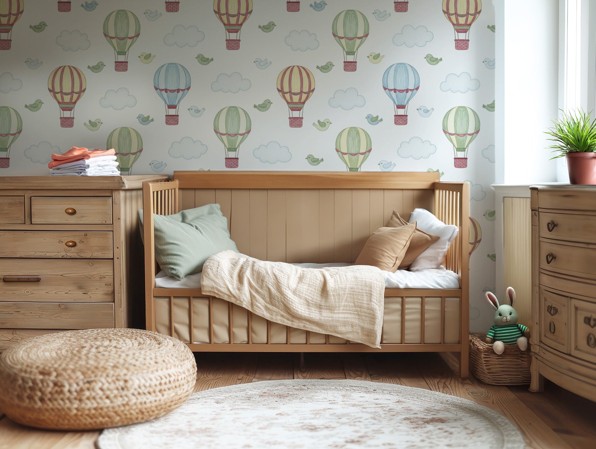 Whimsical hot air balloons and bluebirds drift through the sky in this vintage-inspired nursery design.