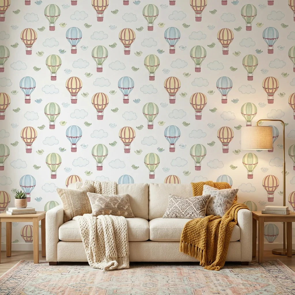 Bluebird Balloon Journey bluebirds and hot air balloons wallpaper in a warm and inviting living room