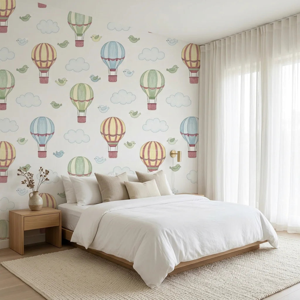 Bluebird Balloon Journey bluebirds and hot air balloons wallpaper adding character to a cozy bedroom