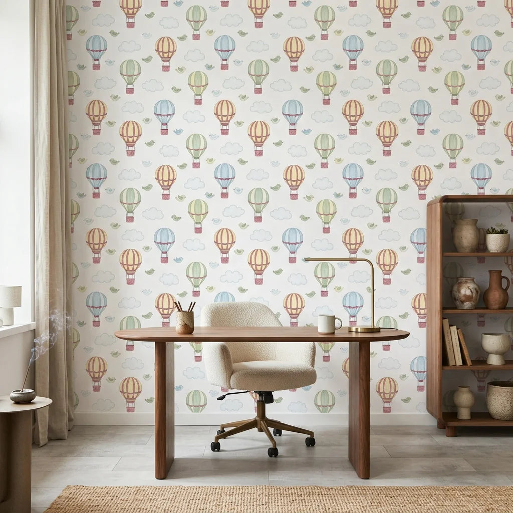 Bluebird Balloon Journey bluebirds and hot air balloons wallpaper as a feature wall in a bright home office