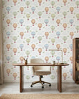 Bluebird Balloon Journey bluebirds and hot air balloons wallpaper as a feature wall in a bright home office