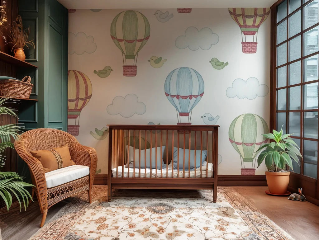 Playful bluebirds and retro-style hot air balloons soar across the background of this baby room