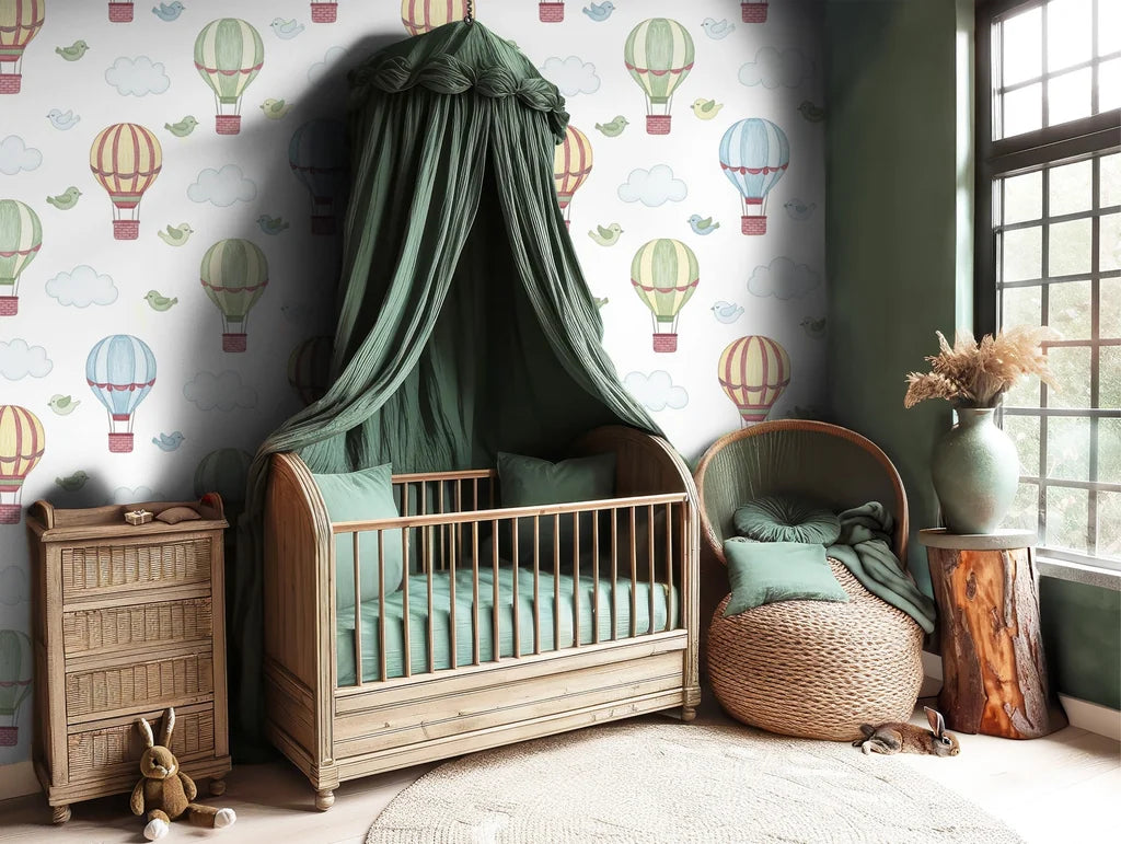 The design element for this infant's space is a classic aesthetic featuring delightful hot air craft and songbirds soaring.