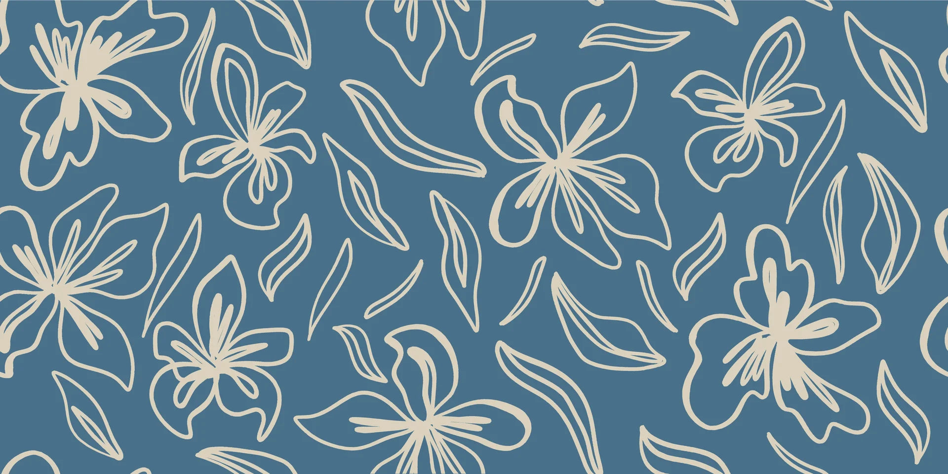 Linen-like denim blue floral line art peel and stick wallpaper - Blueprint Bloom