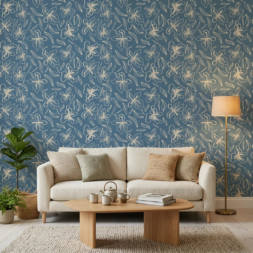 Blueprint Bloom denim blue floral line in a warm and inviting living room