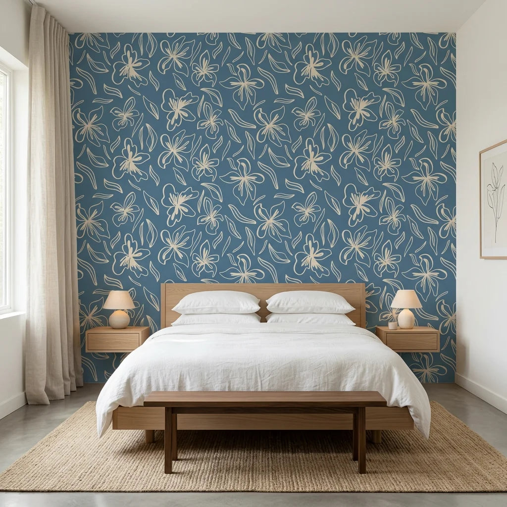 Blueprint Bloom denim blue floral line adding character to a cozy bedroom
