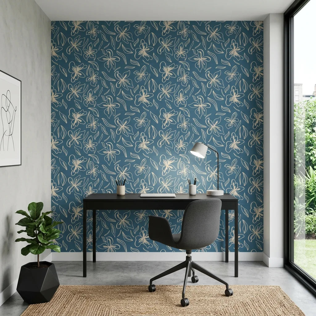 Blueprint Bloom denim blue floral line as a feature wall in a bright home office