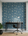 Blueprint Bloom denim blue floral line as a feature wall in a bright home office