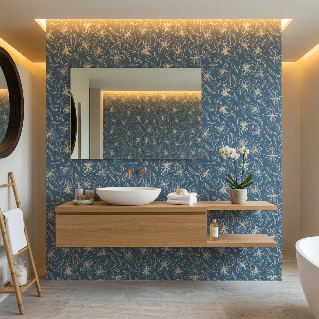 Blueprint Bloom denim blue floral line creating ambiance in a serene bathroom