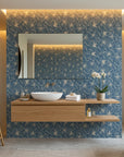 Blueprint Bloom denim blue floral line creating ambiance in a serene bathroom